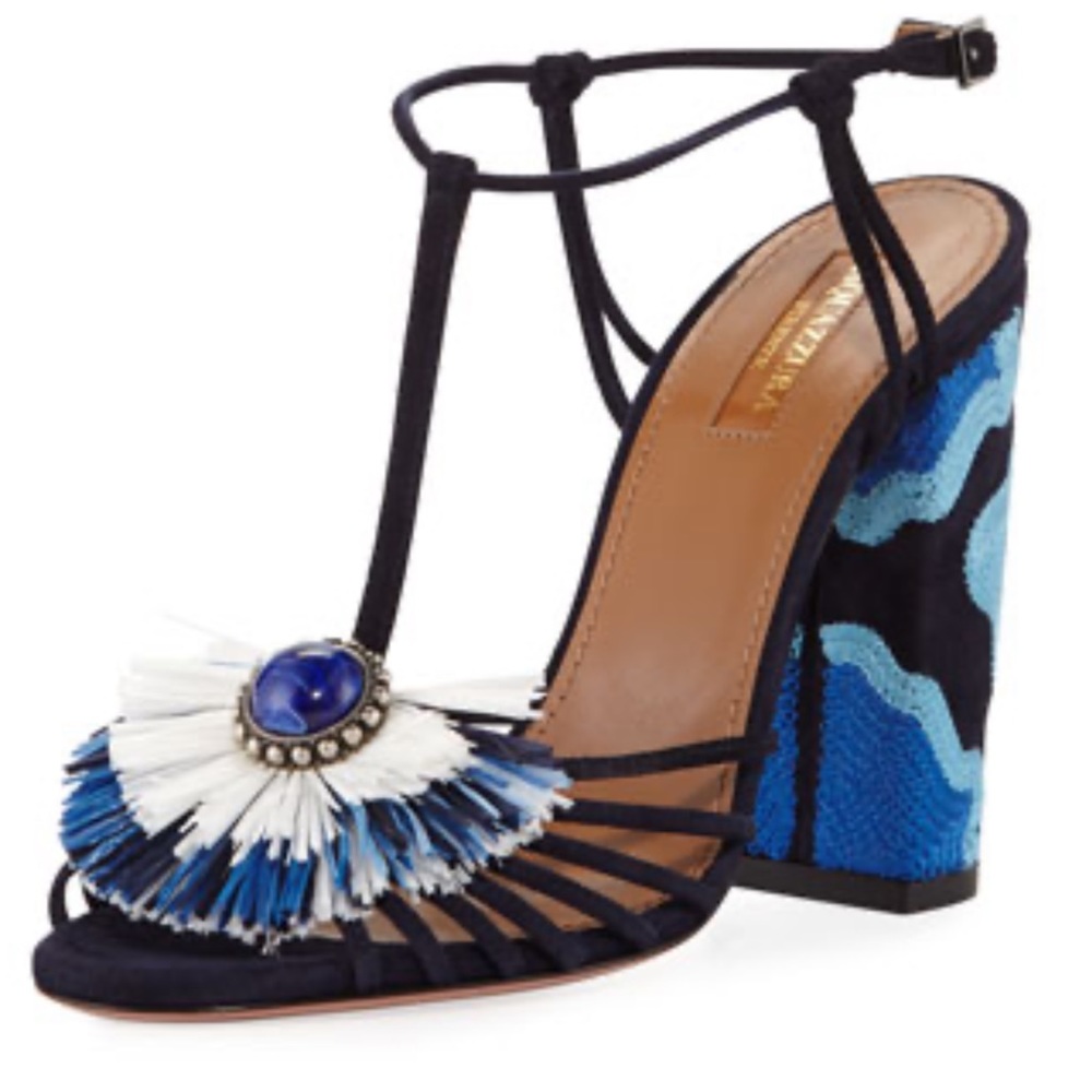 Aquazzura samba raffia t strap sandal- blue